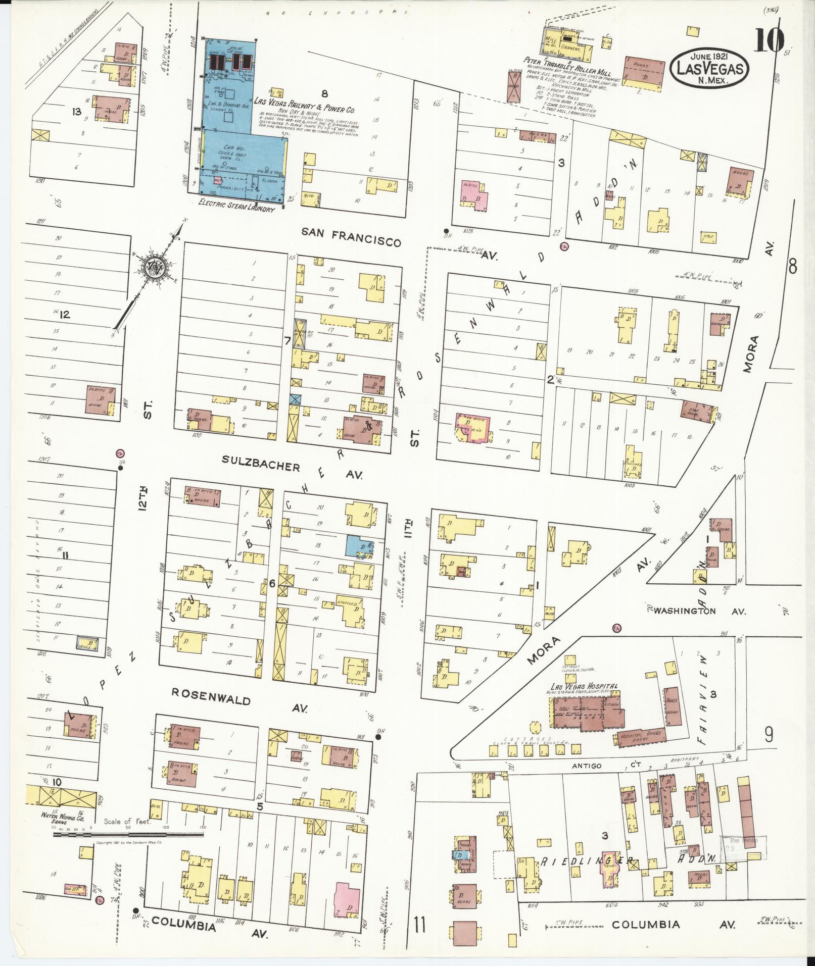 Sanborn Fire Insurance Map from Las Vegas, San Miguel County, New Mexico (1921), Sheet #0010 - Historic Sanborn Fire Insurance Map Print, vintage old map wall art, antique decor, genealogy gift, New Mexico New Mexico map