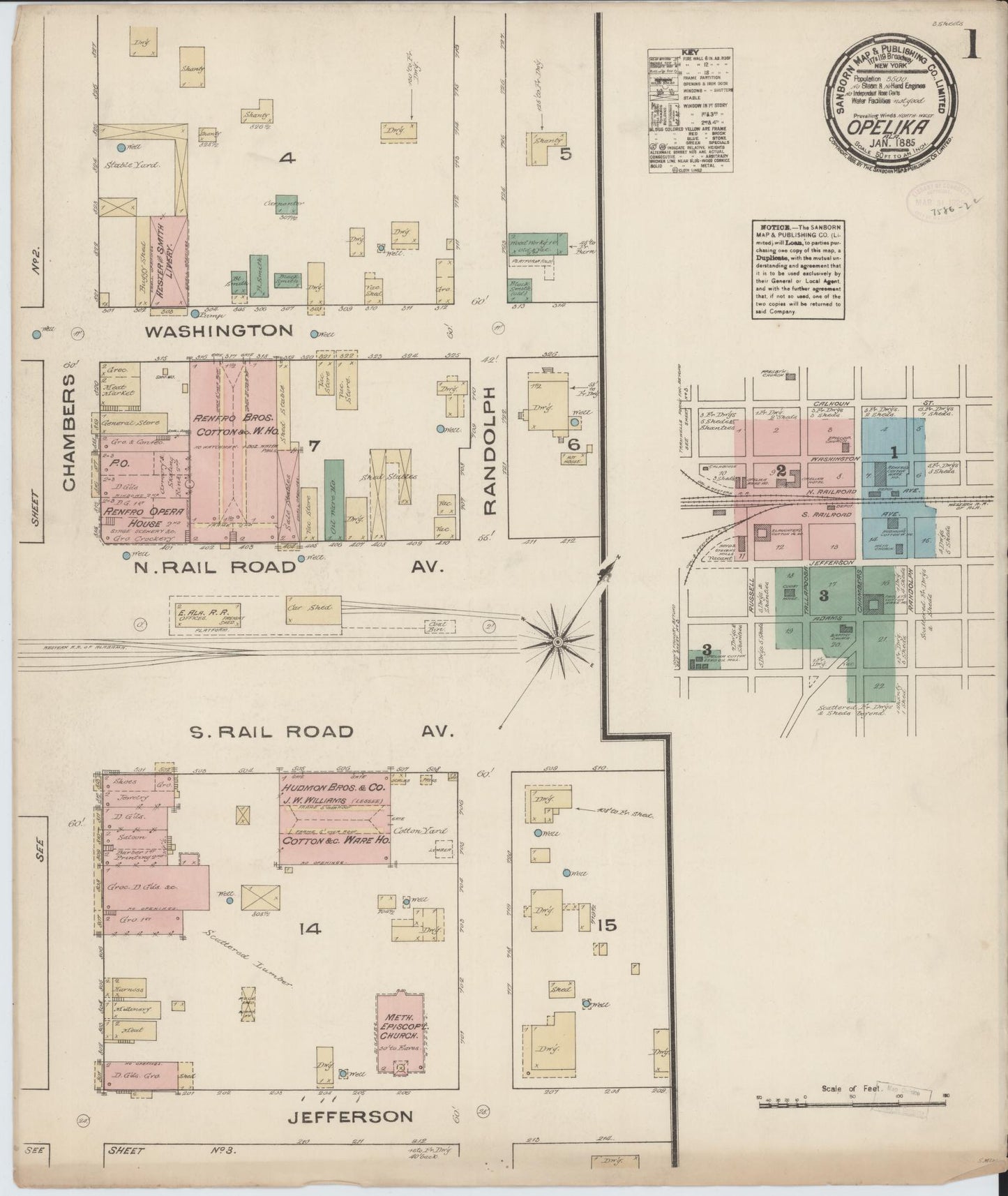Sanborn Fire Insurance Map from Opelika, Lee County, Alabama (1885), Sheet #0001 - Complete Map Set gallery image, historic Sanborn map, vintage wall art, Alabama Alabama