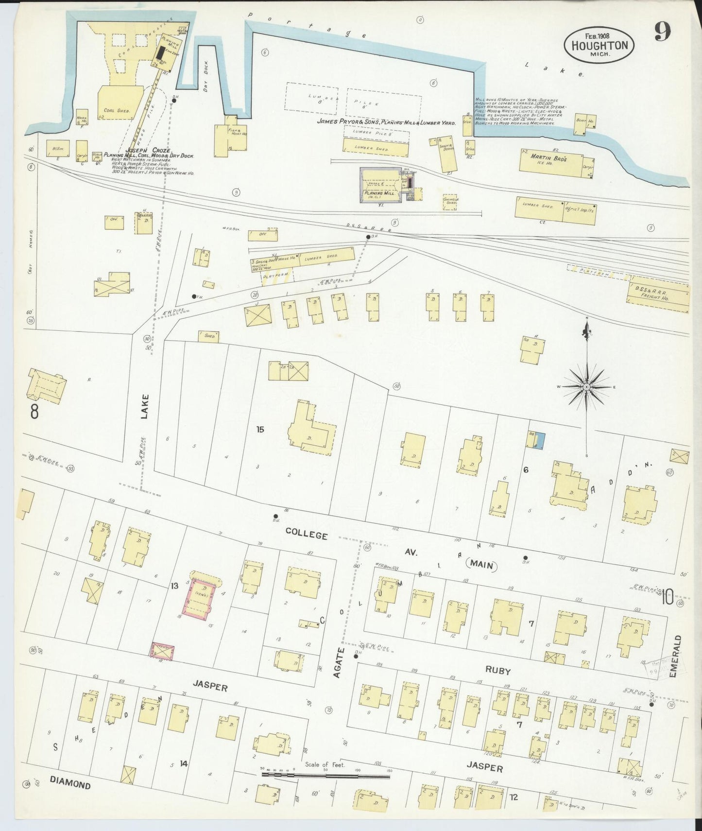 Sanborn Fire Insurance Map from Houghton, Houghton County, Michigan (1908), Sheet #0009 - Historic Sanborn Fire Insurance Map Print, vintage old map wall art, antique decor, genealogy gift, Michigan Michigan map