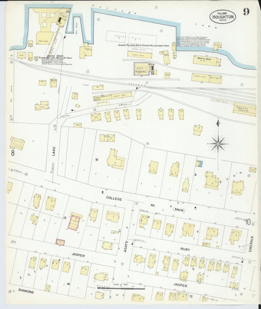 Sanborn Fire Insurance Map from Houghton, Houghton County, Michigan (1908), Sheet #0009 - Historic Sanborn Fire Insurance Map Print, vintage old map wall art, antique decor, genealogy gift, Michigan Michigan map