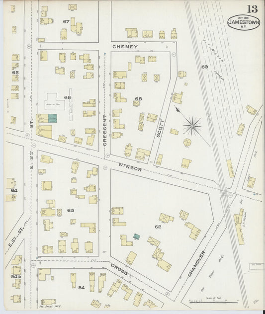 Sanborn Fire Insurance Map from Jamestown, Chautauqua County, New York (1891), Sheet #0013 - Historic Sanborn Fire Insurance Map Print, vintage old map wall art, antique decor, genealogy gift, New York New York map