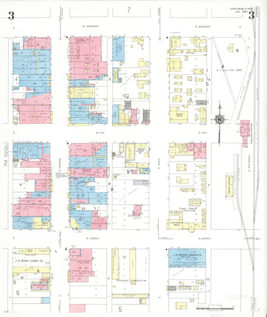 Sanborn Fire Insurance Map from Carlsbad, Eddy County, New Mexico (1943), Sheet #0003 - Historic Sanborn Fire Insurance Map Print, vintage old map wall art, antique decor, genealogy gift, New Mexico New Mexico map