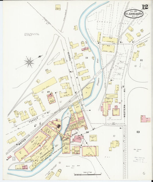 Sanborn Fire Insurance Map from Saint Johnsbury, Caledonia County, Vermont (1895), Sheet #0012 - Historic Sanborn Fire Insurance Map Print, vintage old map wall art, antique decor, genealogy gift, Vermont Vermont map