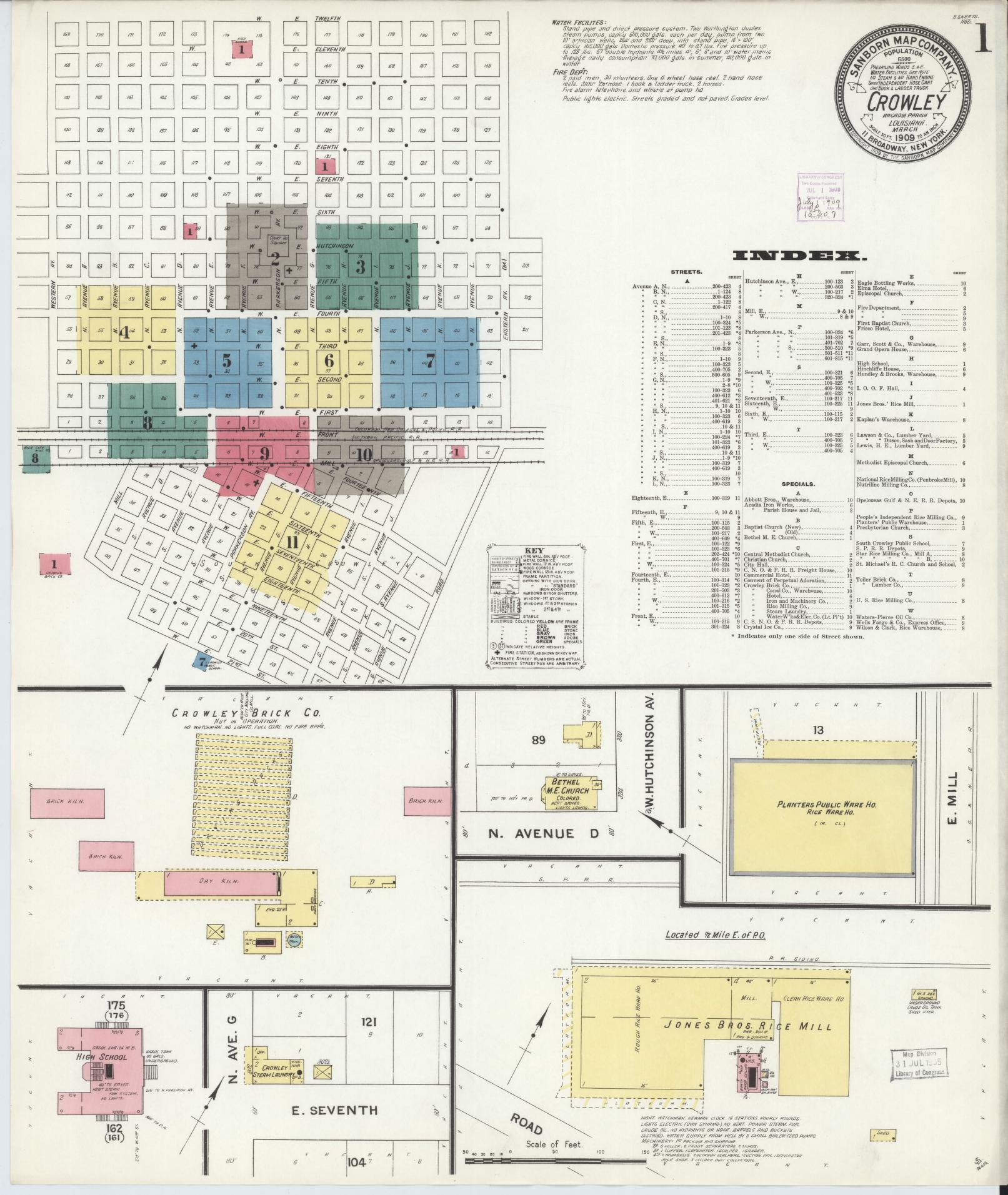 Sanborn Fire Insurance Map from Crowley, Acadia Parish, Louisiana (1909), Sheet #0001 - Historic Sanborn Fire Insurance Map Print, vintage old map wall art, antique decor, genealogy gift, Louisiana Louisiana map