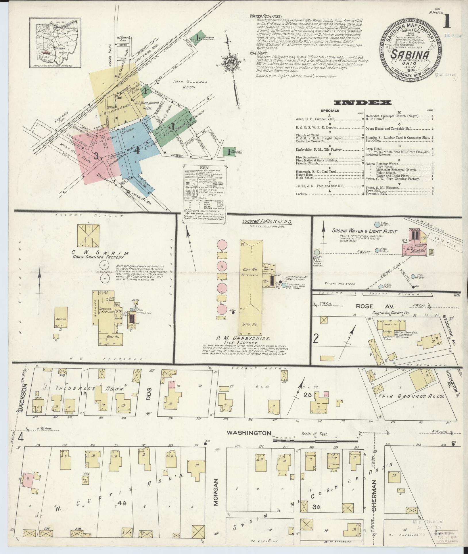 Sanborn Fire Insurance Map from Sabina, Clinton County, Ohio (1914), Sheet #0001 - Complete Map Set gallery image, historic Sanborn map, vintage wall art, Ohio Ohio