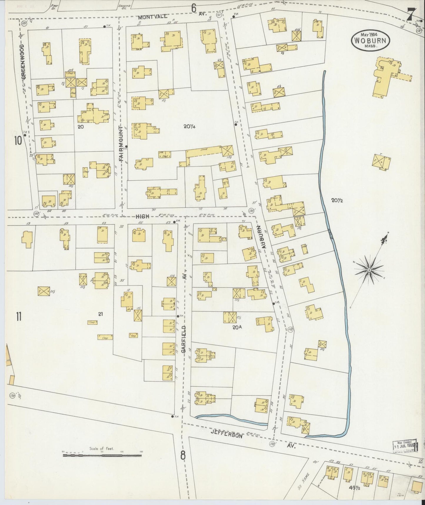 Sanborn Fire Insurance Map from Woburn, Middlesex County, Massachusetts (1904), Sheet #0007 - Complete Map Set gallery image, historic Sanborn map, vintage wall art, Massachusetts Massachusetts