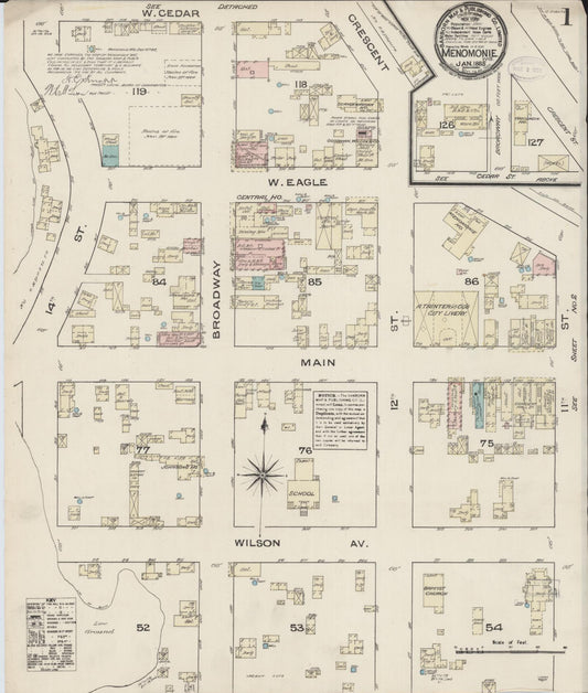 Sanborn Fire Insurance Map from Menomonie, Dunn County, Wisconsin (1885), Sheet #0001 - Complete Map Set gallery image, historic Sanborn map, vintage wall art, Wisconsin Wisconsin