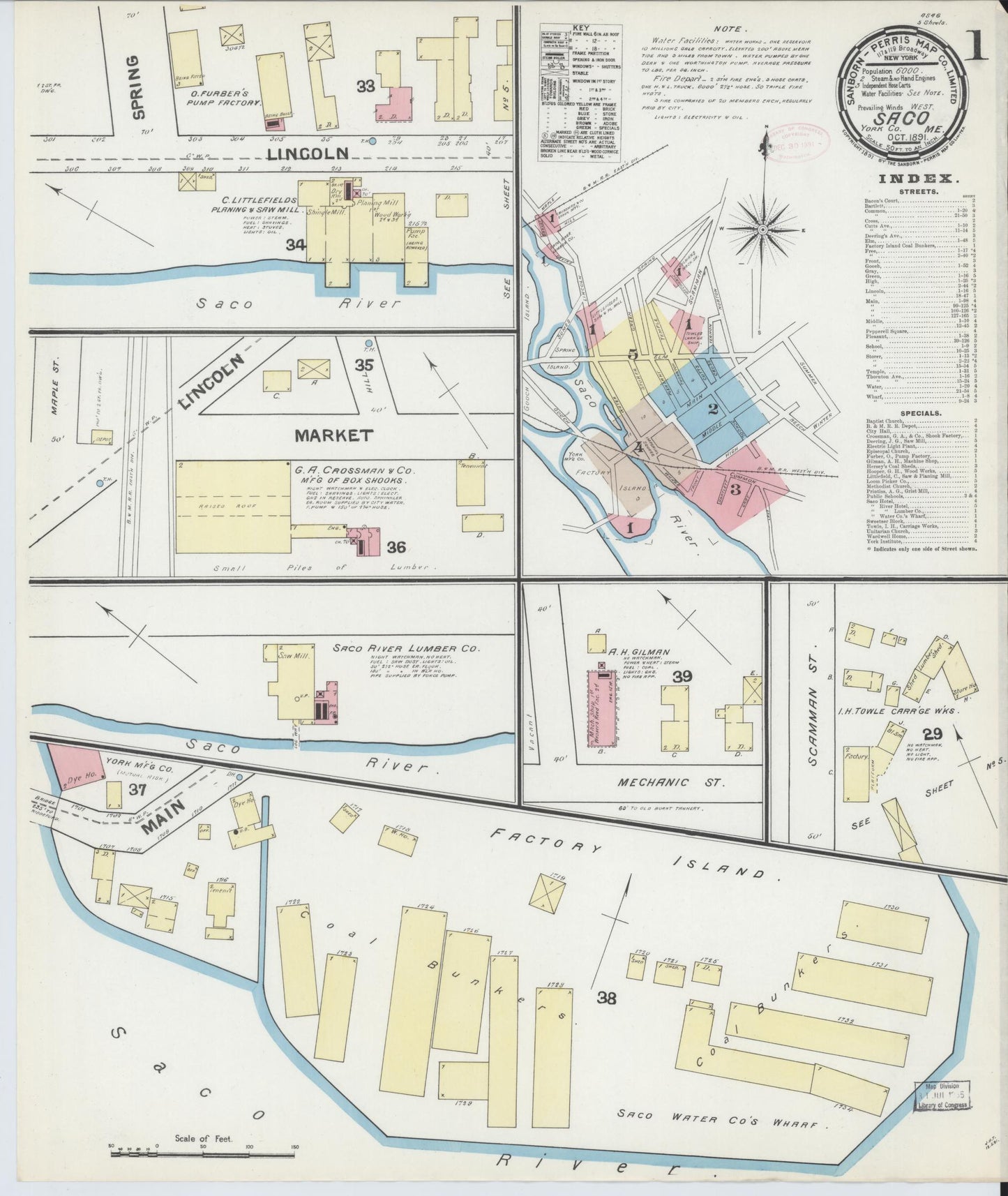 Sanborn Fire Insurance Map from Saco, York County, Maine (1891), Sheet #0001 - Historic Sanborn Fire Insurance Map Print, vintage old map wall art, antique decor, genealogy gift, Maine Maine map