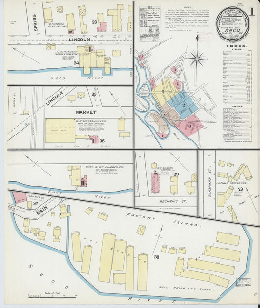 Sanborn Fire Insurance Map from Saco, York County, Maine (1891), Sheet #0001 - Historic Sanborn Fire Insurance Map Print, vintage old map wall art, antique decor, genealogy gift, Maine Maine map
