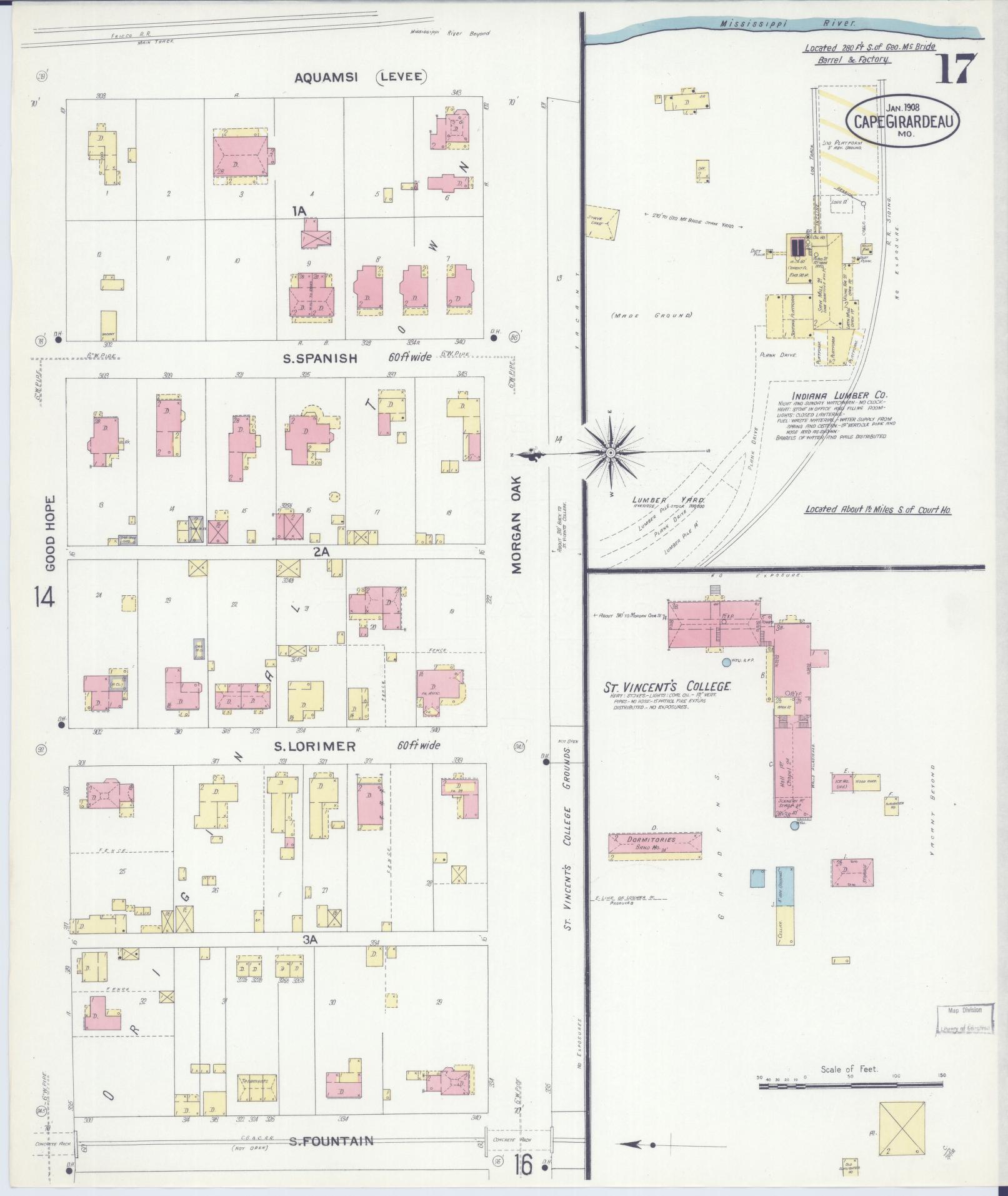 Sanborn Fire Insurance Map from Cape Girardeau, Cape Girardeau County, Missouri (1908), Sheet #0017 - Historic Sanborn Fire Insurance Map Print, vintage old map wall art, antique decor, genealogy gift, Missouri Missouri map
