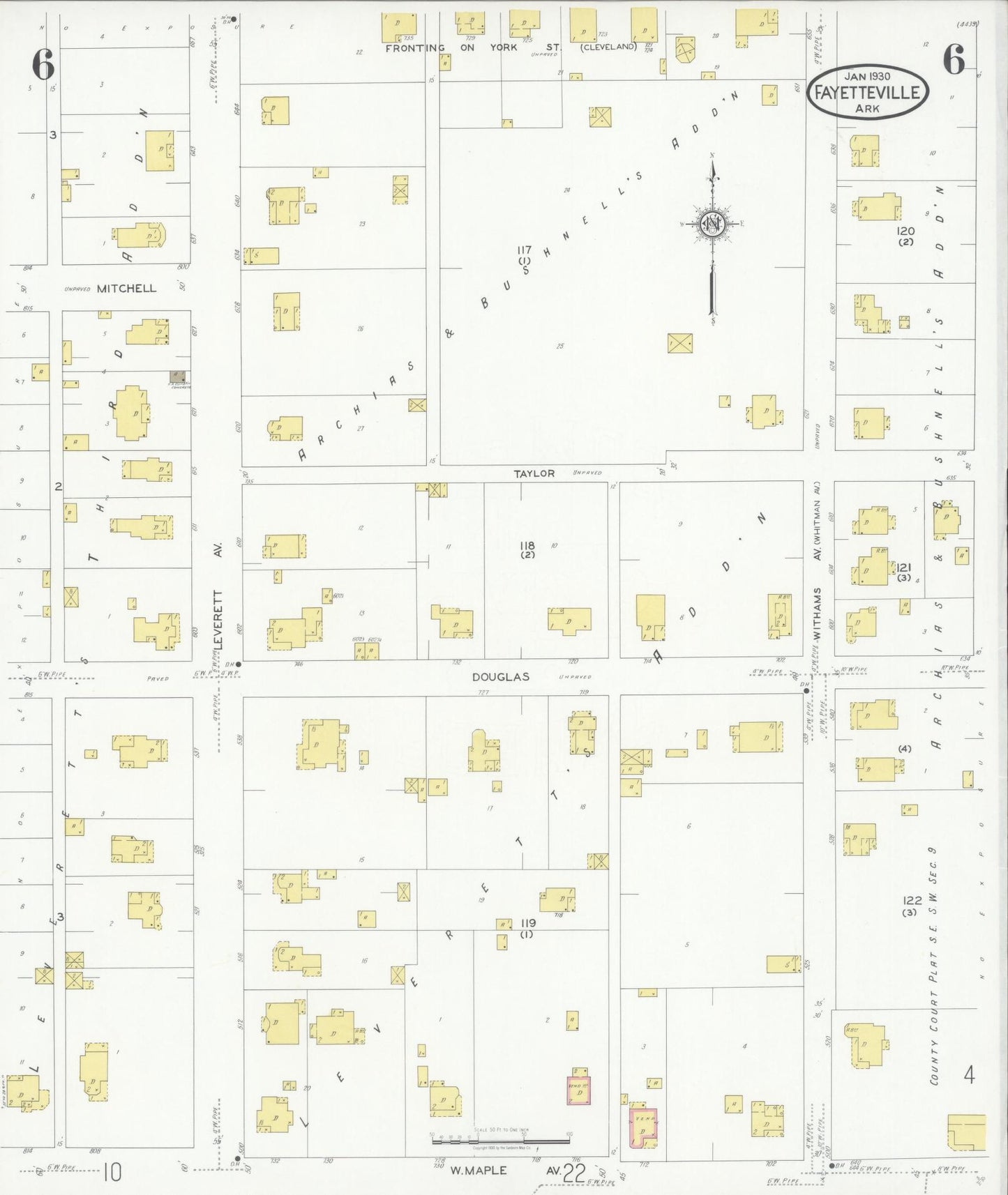 Sanborn Fire Insurance Map from Fayetteville, Washington County, Arkansas (1930), Sheet #0006 - Complete Map Set gallery image, historic Sanborn map, vintage wall art, Arkansas Arkansas