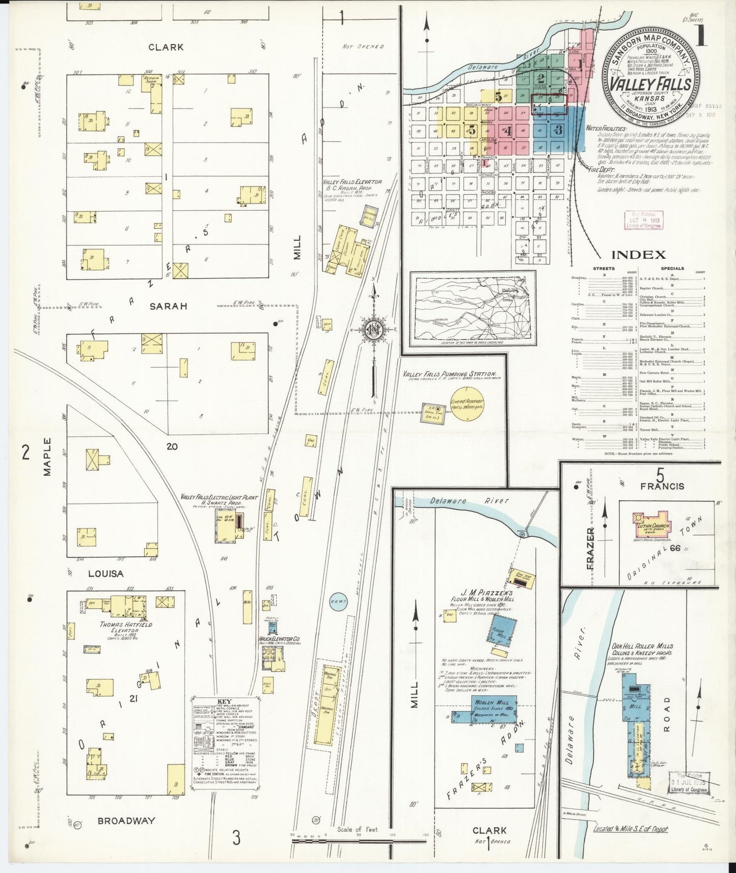 Sanborn Fire Insurance Map from Valley Falls, Jefferson County, Kansas (1913), Sheet #0001 - Historic Sanborn Fire Insurance Map Print, vintage old map wall art, antique decor, genealogy gift, Kansas Kansas map
