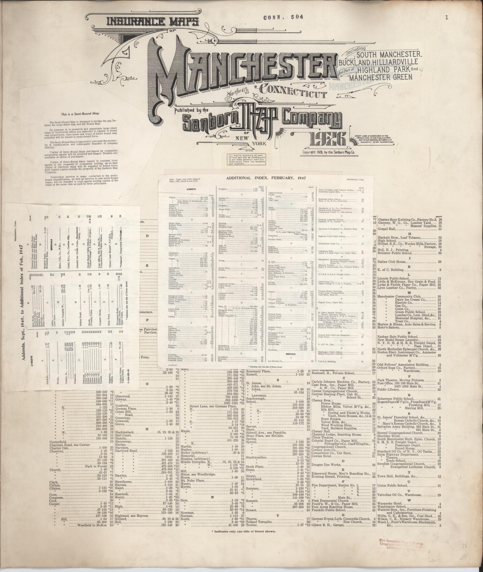 Sanborn Fire Insurance Map from Manchester, Hartford County, Connecticut. (1949), Sheet 1 – Historic Sanborn Fire Insurance Map Print