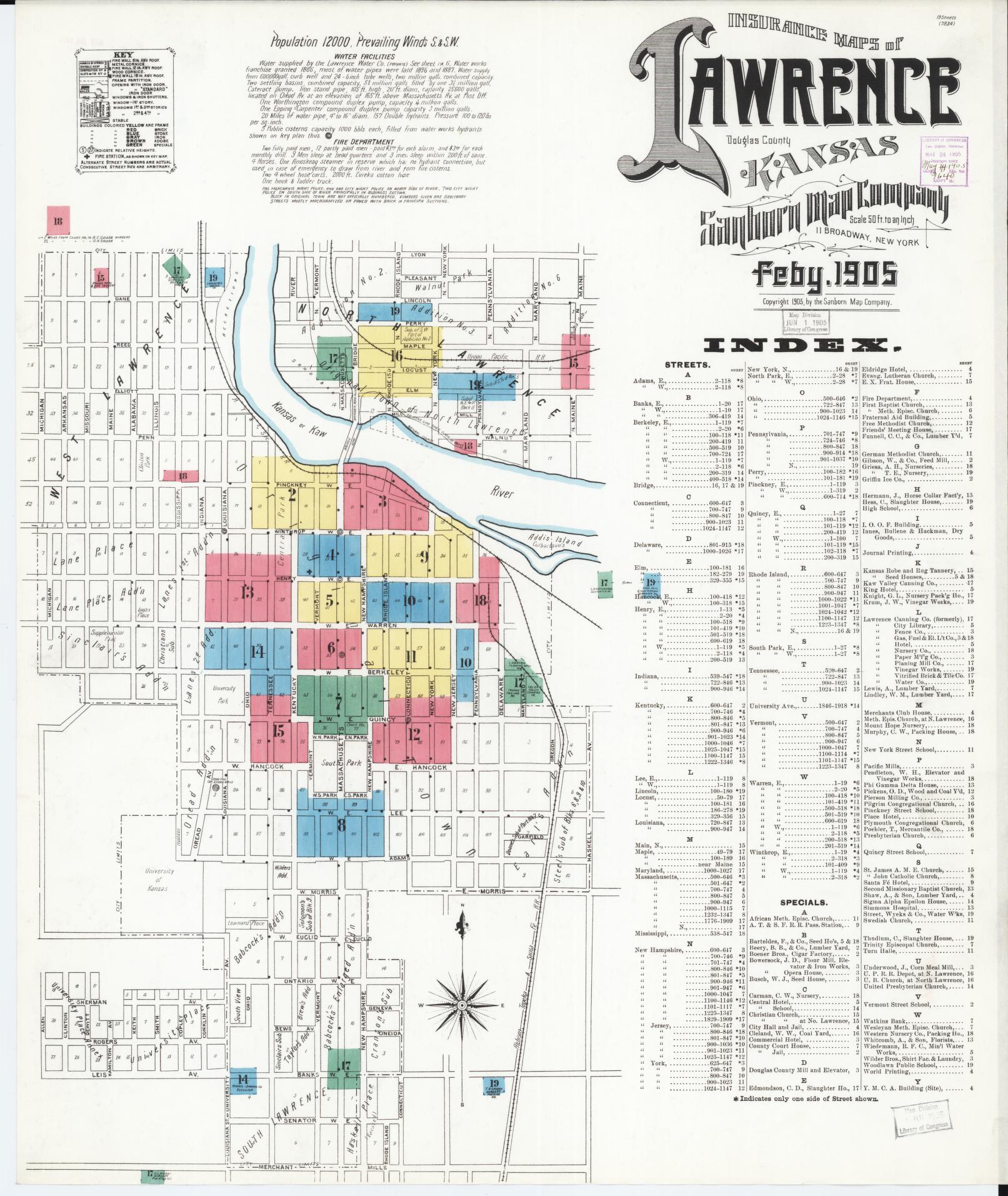 Sanborn Fire Insurance Map from Lawrence, Douglas County, Kansas (1905), Sheet #0001 - Complete Map Set gallery image, historic Sanborn map, vintage wall art, Kansas Kansas