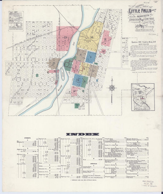 Sanborn Fire Insurance Map from Little Falls, Morrison County, Minnesota (1915), Sheet #0001 - Historic Sanborn Fire Insurance Map Print, vintage old map wall art, antique decor, genealogy gift, Minnesota Minnesota map