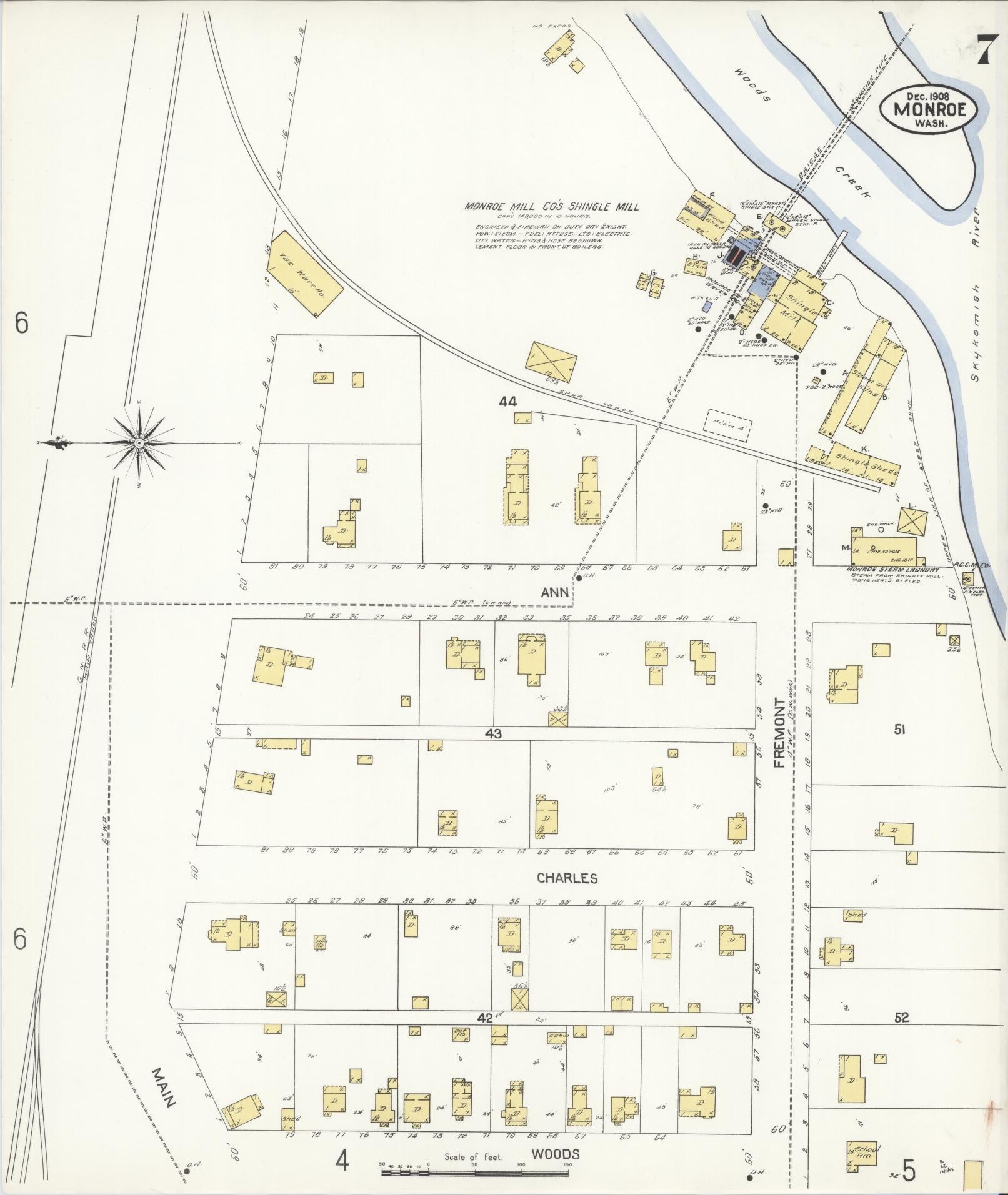 Sanborn Fire Insurance Map from Monroe, Snohomish County, Washington (1908), Sheet #0007 - Historic Sanborn Fire Insurance Map Print, vintage old map wall art, antique decor, genealogy gift, Washington Washington map