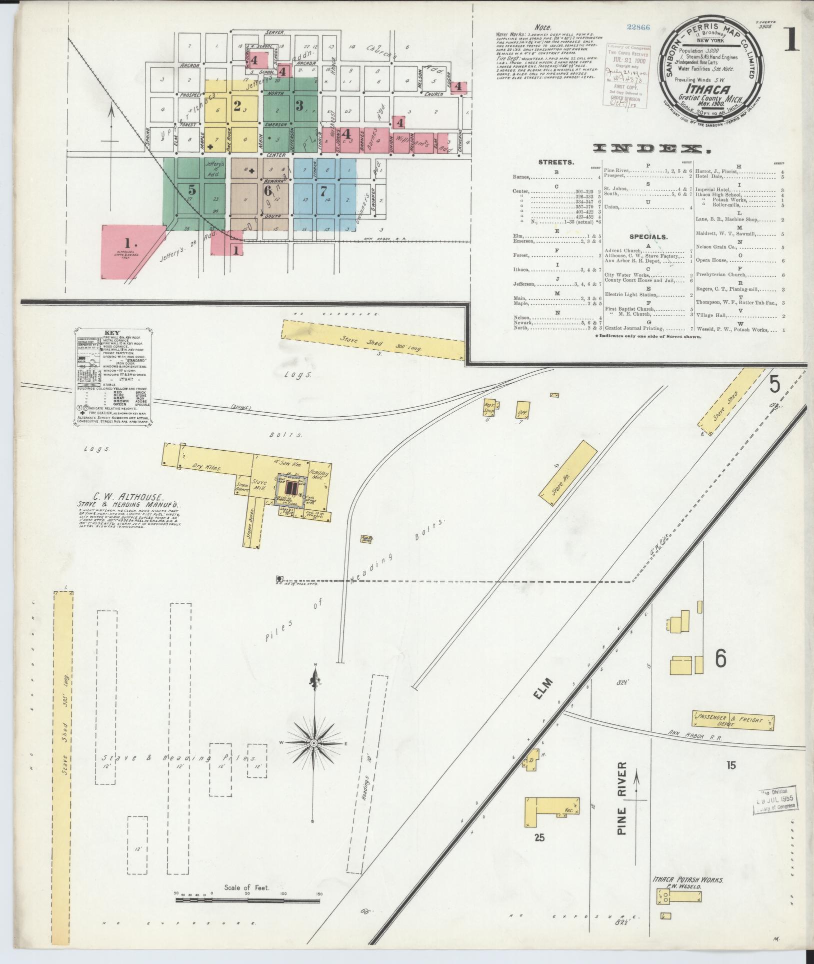 Sanborn Fire Insurance Map from Ithaca, Gratiot County, Michigan (1900), Sheet #0001 - Historic Sanborn Fire Insurance Map Print, vintage old map wall art, antique decor, genealogy gift, Michigan Michigan map