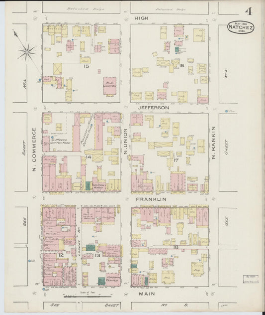 Sanborn Fire Insurance Map from Natchez, Adams County, Mississippi (1886), Sheet #0004 - Historic Sanborn Fire Insurance Map Print, vintage old map wall art, antique decor, genealogy gift, Mississippi Mississippi map