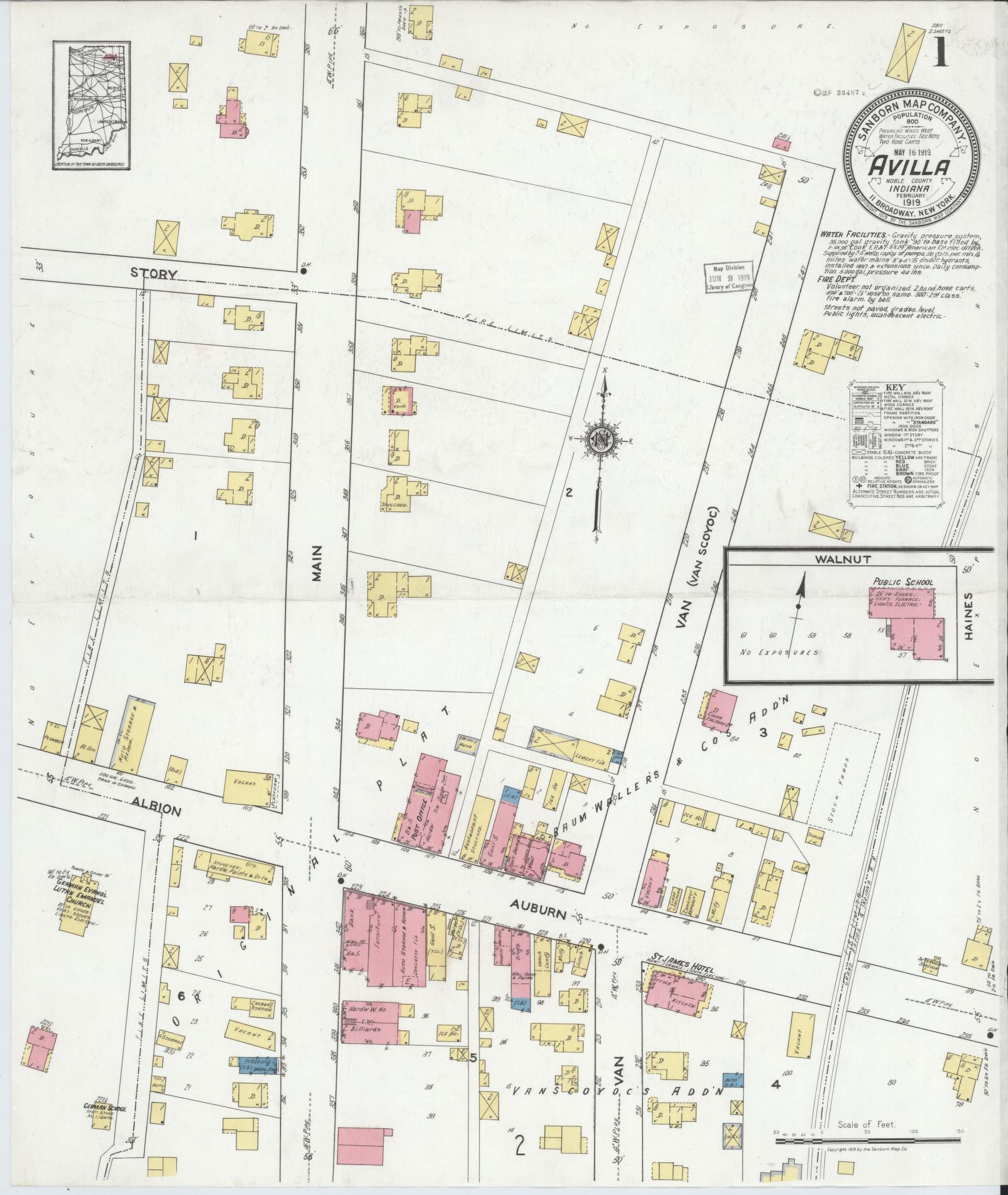 Sanborn Fire Insurance Map from Avilla, Noble County, Indiana (1919), Sheet #0001 - Complete Map Set gallery image, historic Sanborn map, vintage wall art, Indiana Indiana