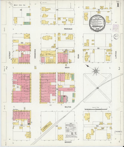 Sanborn Fire Insurance Map from Jacksonville, Cherokee County, Texas (1901), Sheet #0001 - Complete Map Set gallery image, historic Sanborn map, vintage wall art, Texas Texas