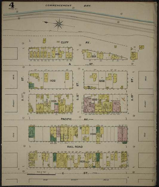 Sanborn Fire Insurance Map from Tacoma, Pierce County, Washington (1888), Sheet #0004 - Historic Sanborn Fire Insurance Map Print, vintage old map wall art, antique decor, genealogy gift, Washington Washington map