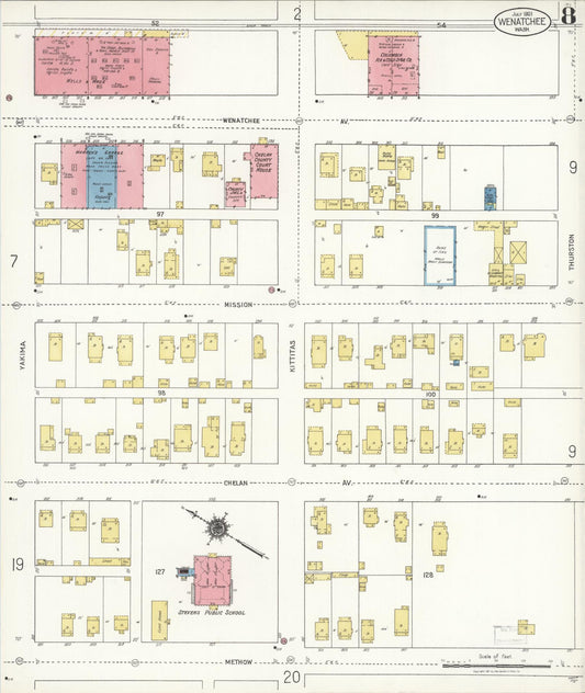 Sanborn Fire Insurance Map from Wenatchee, Chelan County, Washington (1921), Sheet #0008 - Historic Sanborn Fire Insurance Map Print, vintage old map wall art, antique decor, genealogy gift, Washington Washington map