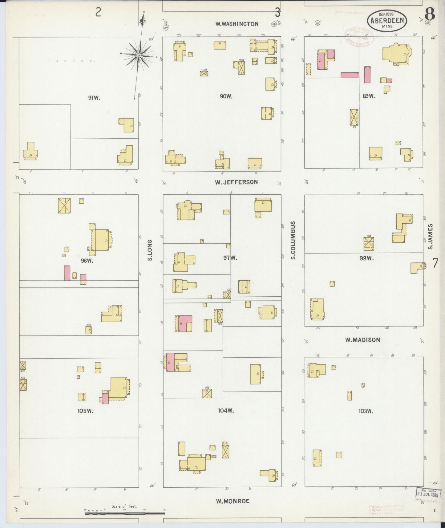 Sanborn Fire Insurance Map from Aberdeen, Monroe County, Mississippi (1899), Sheet #0008 - Historic Sanborn Fire Insurance Map Print, vintage old map wall art, antique decor, genealogy gift, Mississippi Mississippi map