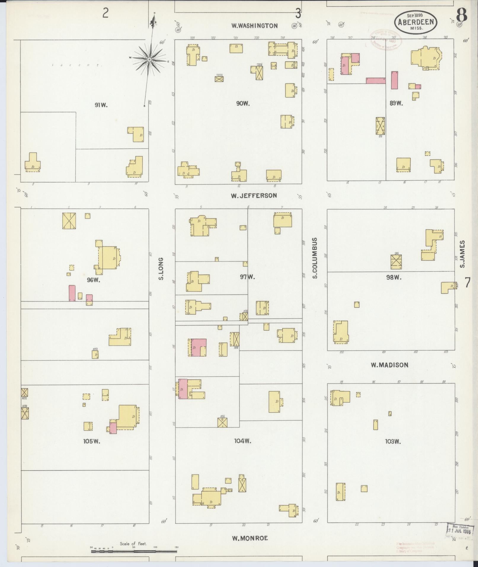 Sanborn Fire Insurance Map from Aberdeen, Monroe County, Mississippi (1899), Sheet #0008 - Historic Sanborn Fire Insurance Map Print, vintage old map wall art, antique decor, genealogy gift, Mississippi Mississippi map