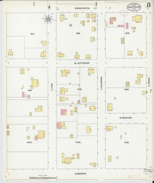 Sanborn Fire Insurance Map from Aberdeen, Monroe County, Mississippi (1899), Sheet #0008 - Historic Sanborn Fire Insurance Map Print, vintage old map wall art, antique decor, genealogy gift, Mississippi Mississippi map