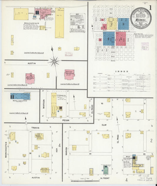 Sanborn Fire Insurance Map from Merkel, Taylor County, Texas (1908), Sheet #0001 - Complete Map Set gallery image, historic Sanborn map, vintage wall art, Texas Texas