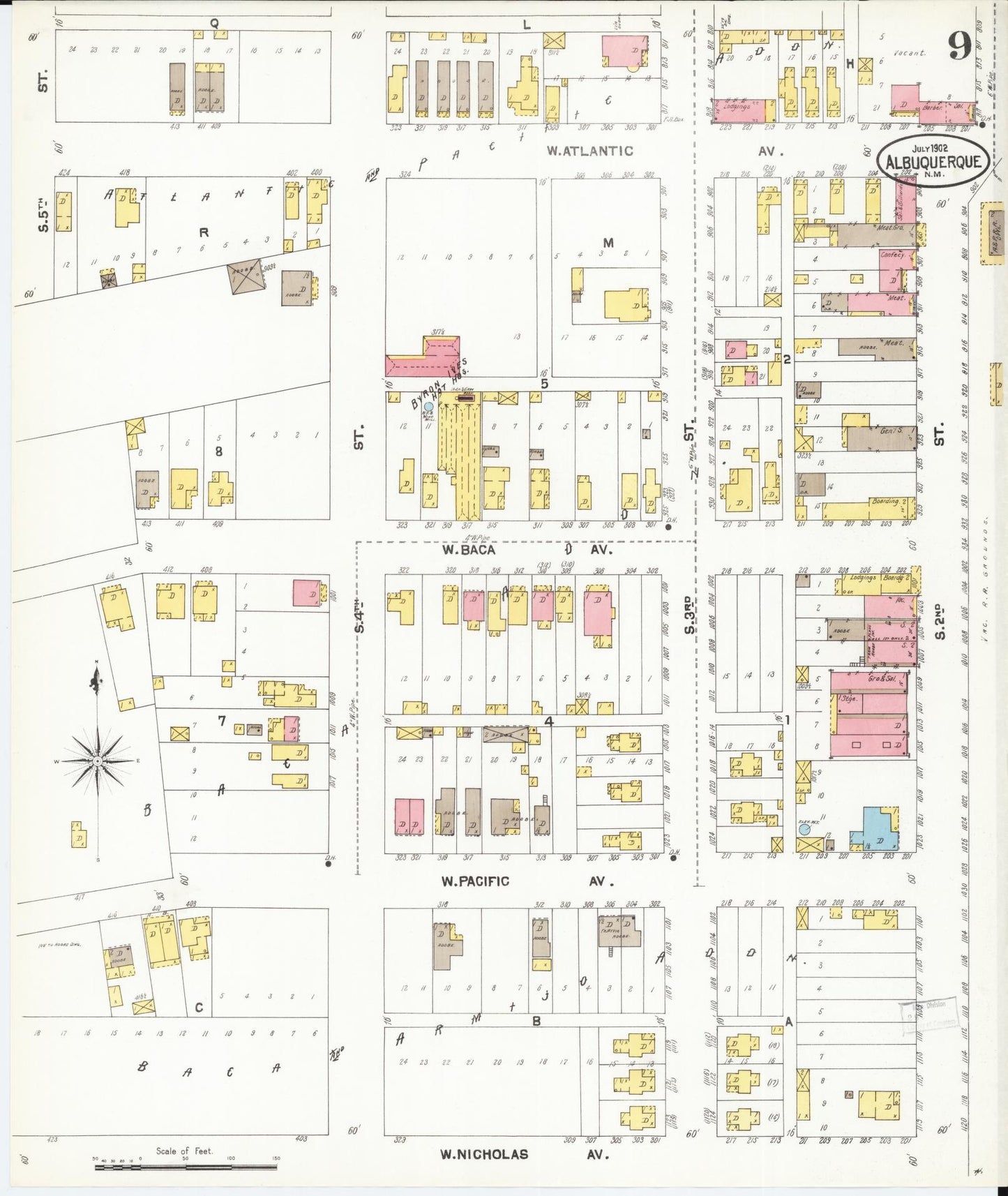 Sanborn Fire Insurance Map from Albuquerque, Bernalillo County, New Mexico (1902), Sheet #0009 - Historic Sanborn Fire Insurance Map Print, vintage old map wall art, antique decor, genealogy gift, New Mexico New Mexico map