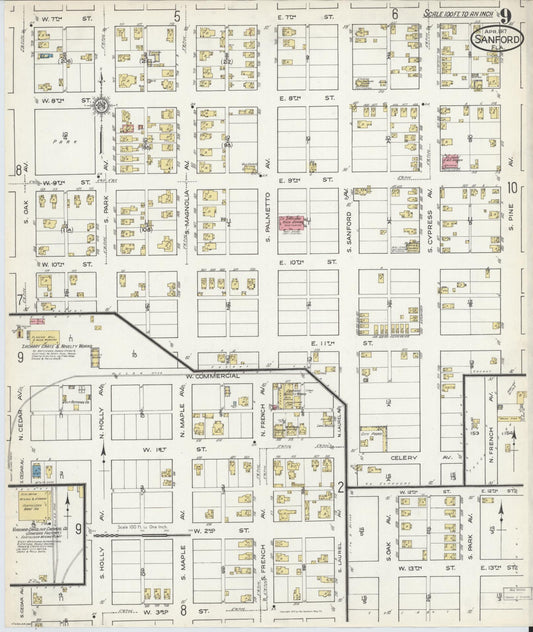Sanborn Fire Insurance Map from Sanford, Seminole County, Florida (1917), Sheet #0009 - Historic Sanborn Fire Insurance Map Print, vintage old map wall art, antique decor, genealogy gift, Florida Florida map