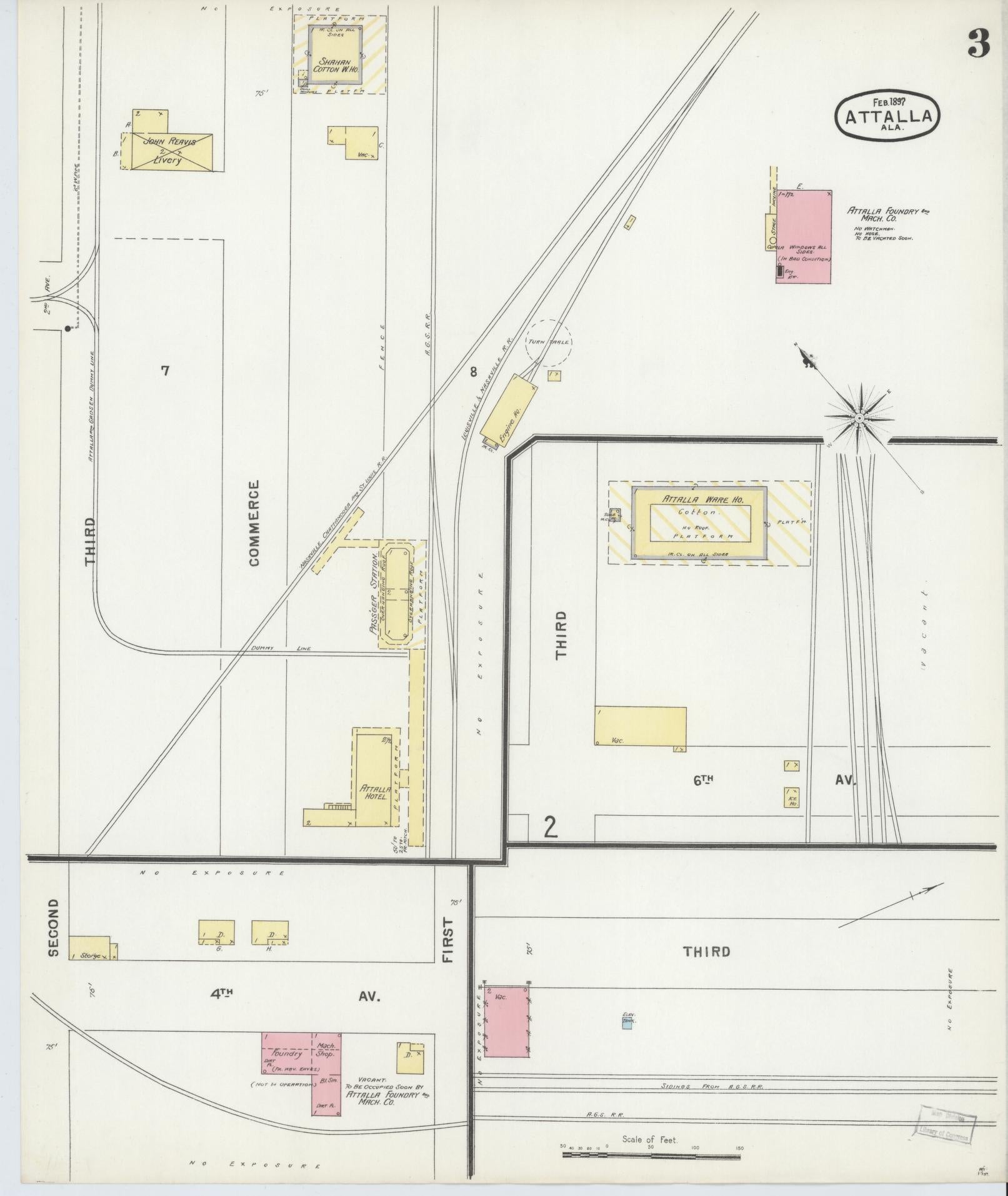 Sanborn Fire Insurance Map from Attalla, Etowah County, Alabama (1897), Sheet #0003 - Complete Map Set gallery image, historic Sanborn map, vintage wall art, Alabama Alabama