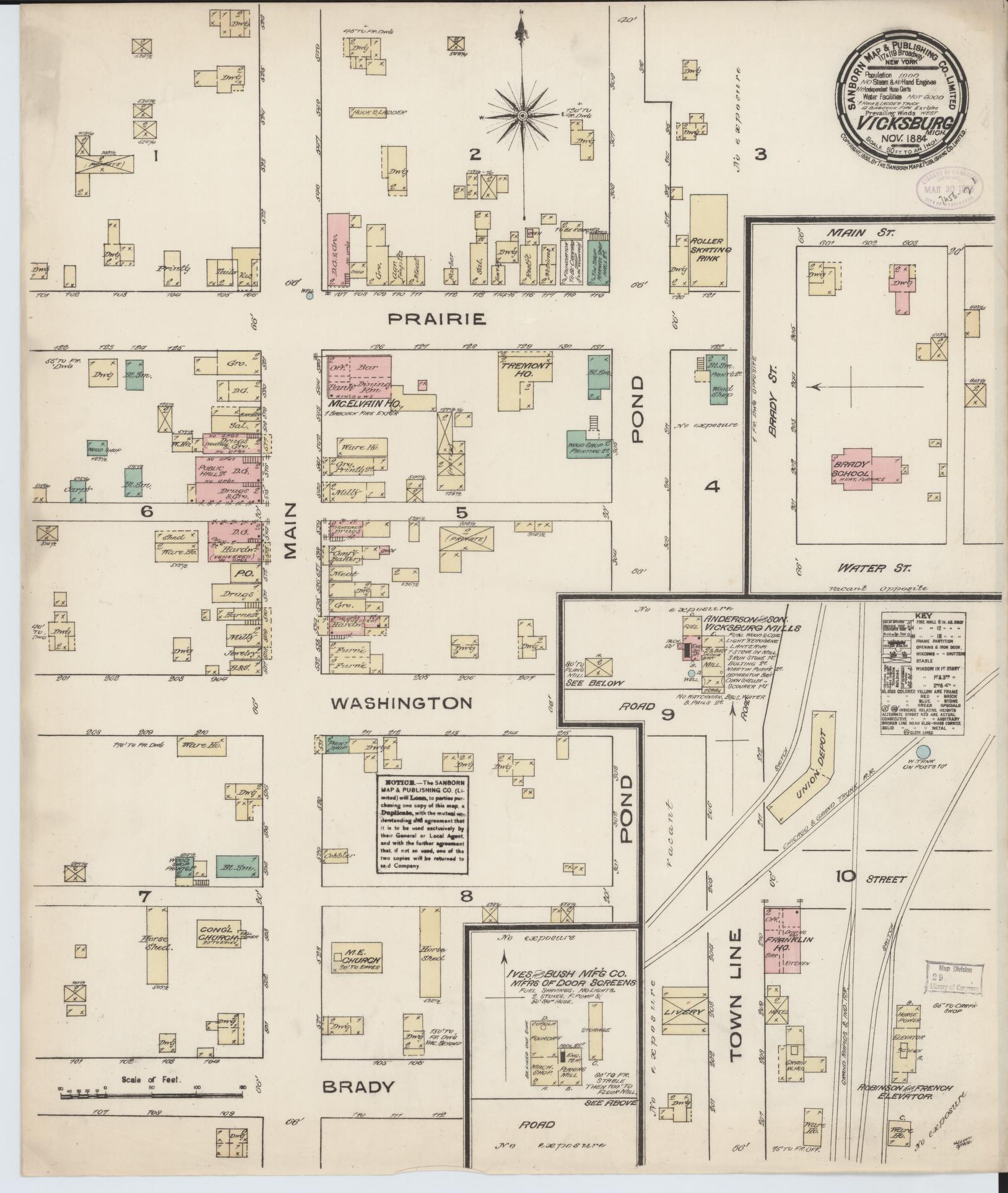Sanborn Fire Insurance Map from Vicksburg, Kalamazoo County, Michigan (1884), Sheet #0001 - Historic Sanborn Fire Insurance Map Print, vintage old map wall art, antique decor, genealogy gift, Michigan Michigan map