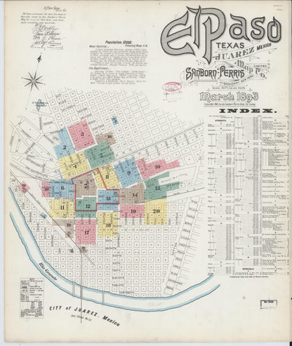 Sanborn Fire Insurance Map from El Paso, El Paso County, Texas (1893), Sheet #0001 - Historic Sanborn Fire Insurance Map Print, vintage old map wall art, antique decor, genealogy gift, Texas Texas map