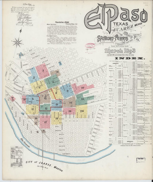Sanborn Fire Insurance Map from El Paso, El Paso County, Texas (1893), Sheet #0001 - Historic Sanborn Fire Insurance Map Print, vintage old map wall art, antique decor, genealogy gift, Texas Texas map