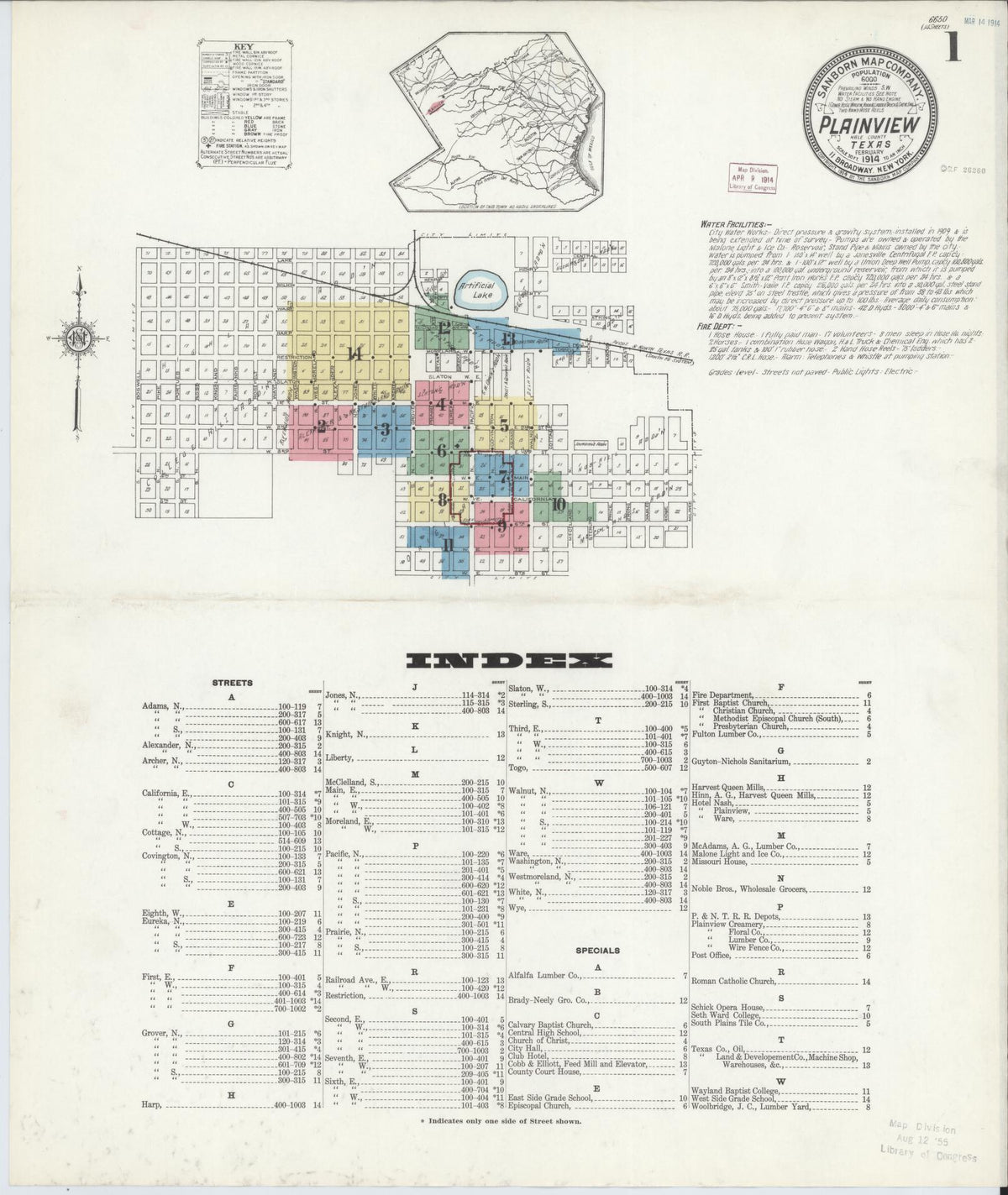 Sanborn Fire Insurance Map from Plainview, Hale County, Texas (1914), Sheet #0001 - Complete Map Set gallery image, historic Sanborn map, vintage wall art, Texas Texas