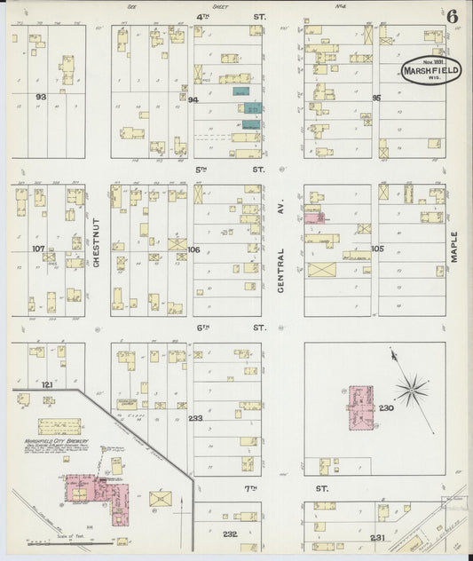 Sanborn Fire Insurance Map from Marshfield, Wood County, Wisconsin (1891), Sheet #0006 - Historic Sanborn Fire Insurance Map Print, vintage old map wall art, antique decor, genealogy gift, Wisconsin Wisconsin map