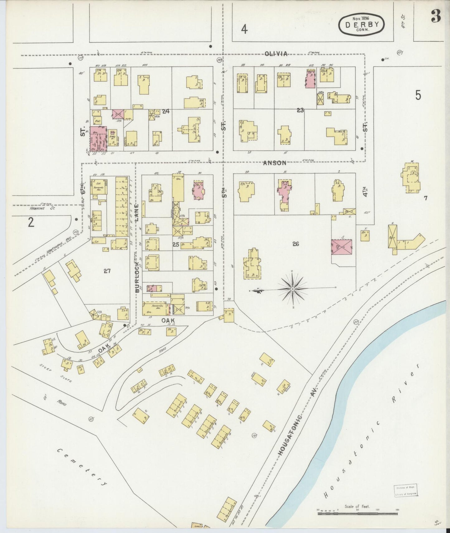 Sanborn Fire Insurance Map from Derby, New Haven County, Connecticut (1896), Sheet #0003 - Complete Map Set gallery image, historic Sanborn map, vintage wall art, Connecticut Connecticut