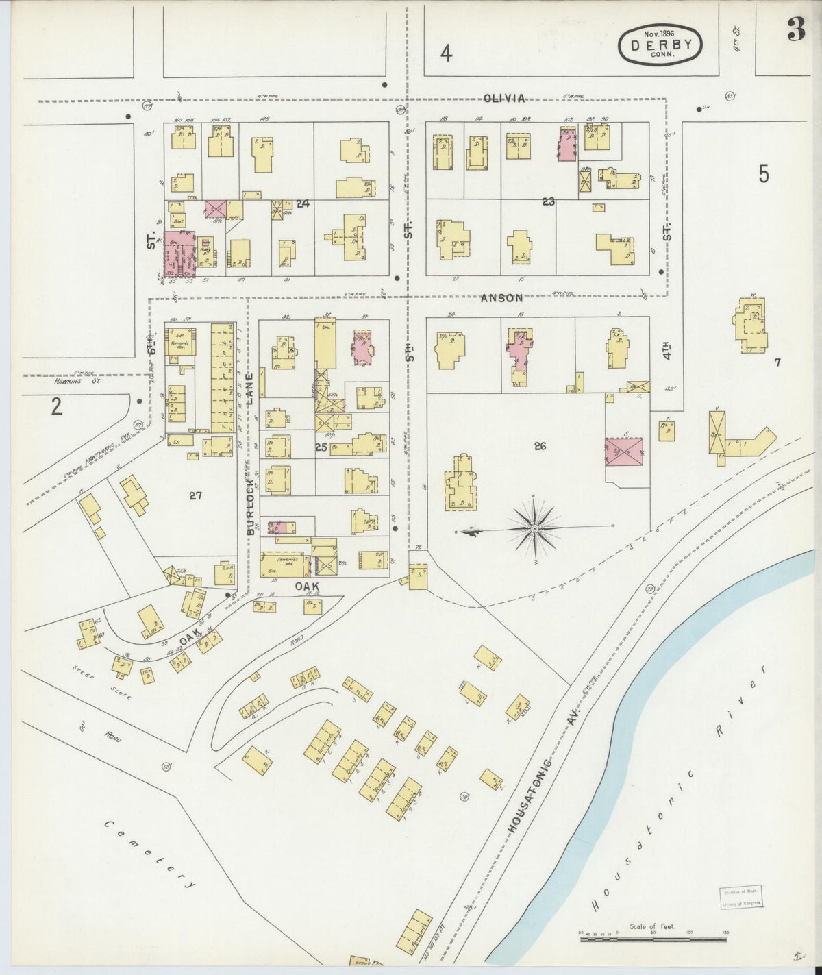 Sanborn Fire Insurance Map from Derby, New Haven County, Connecticut (1896), Sheet #0003 - Complete Map Set gallery image, historic Sanborn map, vintage wall art, Connecticut Connecticut