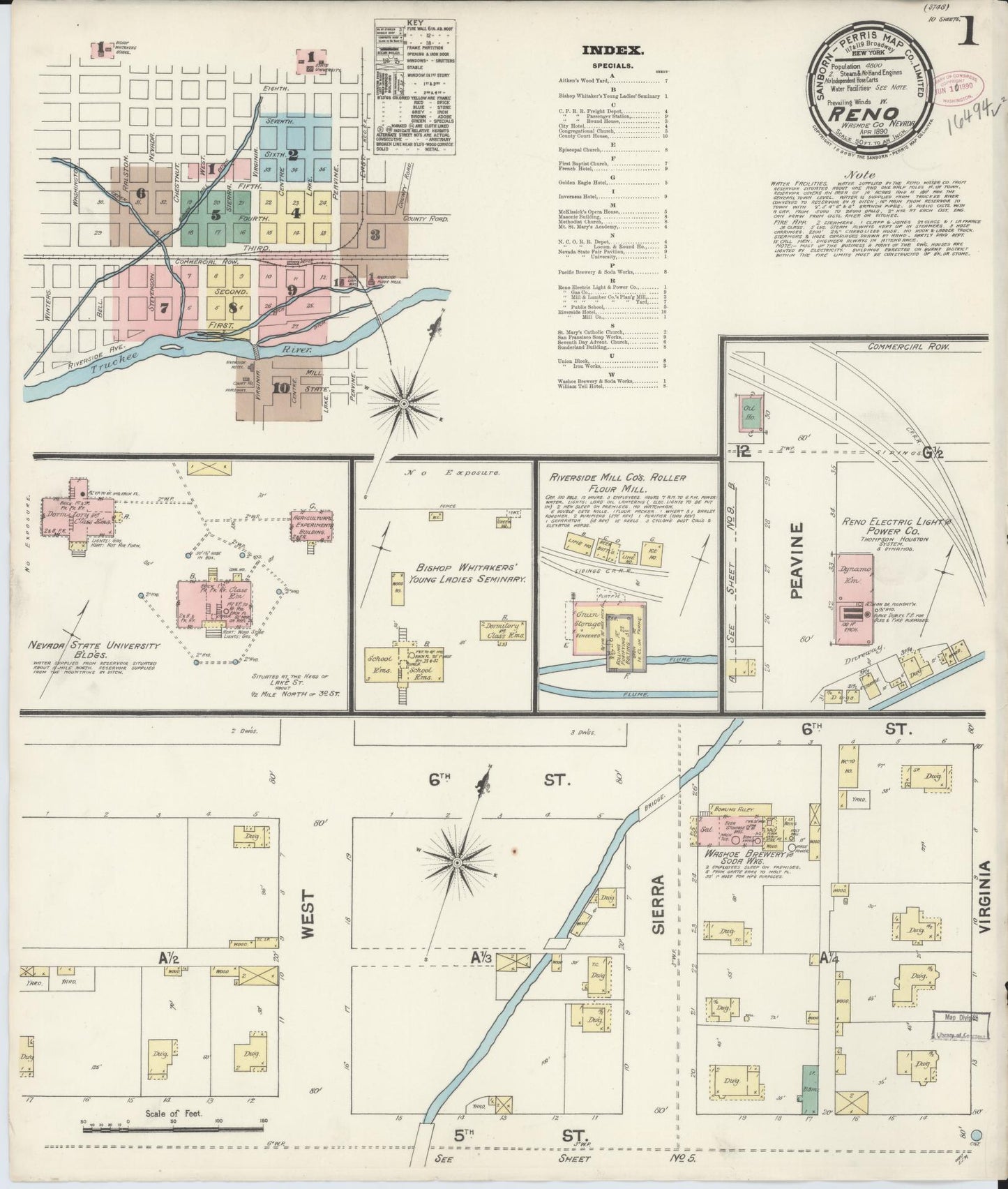Sanborn Fire Insurance Map from Reno, Washoe County, Nevada (1890), Sheet #0001 - Historic Sanborn Fire Insurance Map Print, vintage old map wall art, antique decor, genealogy gift, Nevada Nevada map