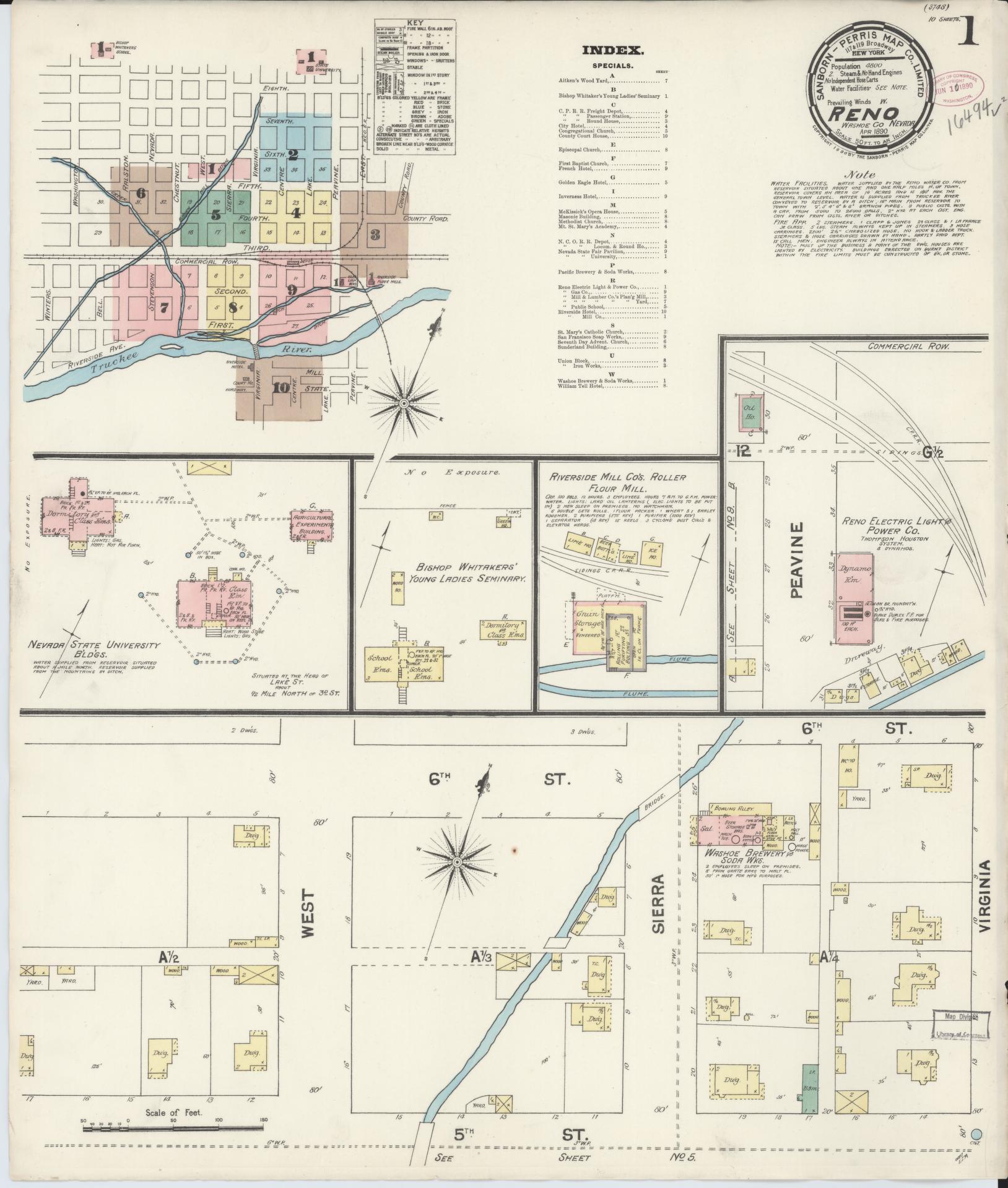 Sanborn Fire Insurance Map from Reno, Washoe County, Nevada (1890), Sheet #0001 - Historic Sanborn Fire Insurance Map Print, vintage old map wall art, antique decor, genealogy gift, Nevada Nevada map