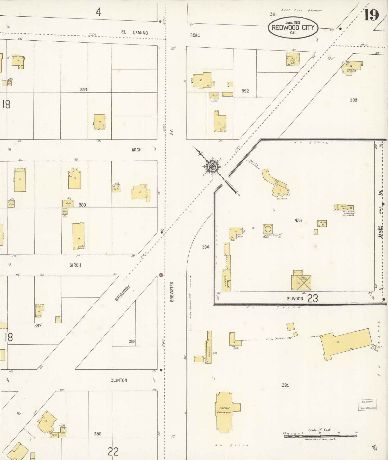 Sanborn Fire Insurance Map from Redwood City, San Mateo County, California (1919), Sheet #0019 - Complete Map Set gallery image, historic Sanborn map, vintage wall art, California California