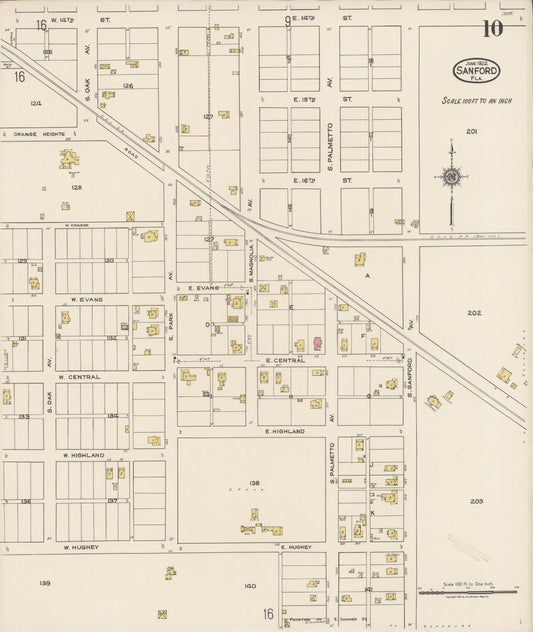Sanborn Fire Insurance Map from Sanford, Seminole County, Florida (1922), Sheet #0010 - Historic Sanborn Fire Insurance Map Print, vintage old map wall art, antique decor, genealogy gift, Florida Florida map