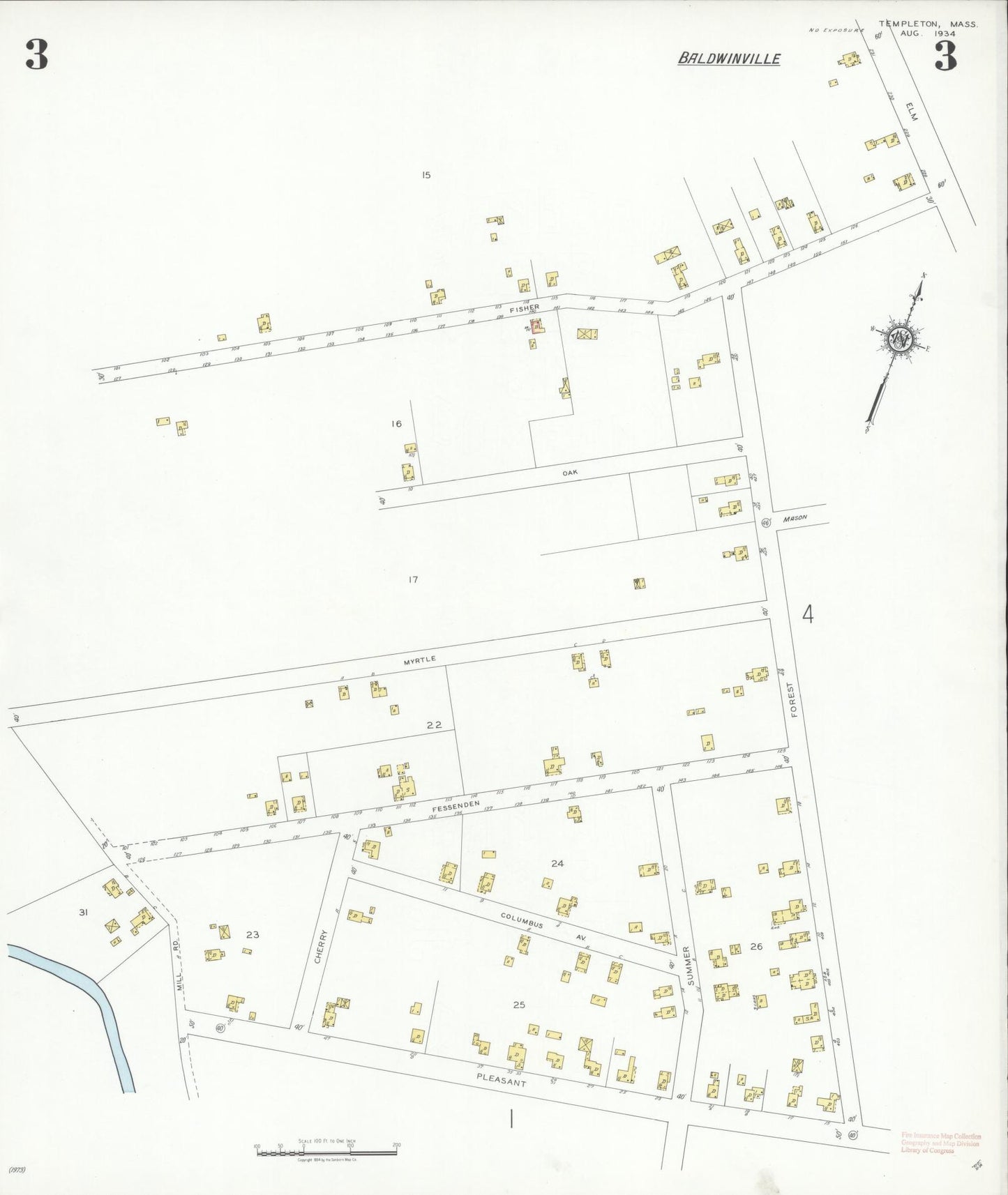 Sanborn Fire Insurance Map from Templeton, Worcester County, Massachusetts (1934), Sheet #0003 - Historic Sanborn Fire Insurance Map Print, vintage old map wall art, antique decor, genealogy gift, Massachusetts Massachusetts map