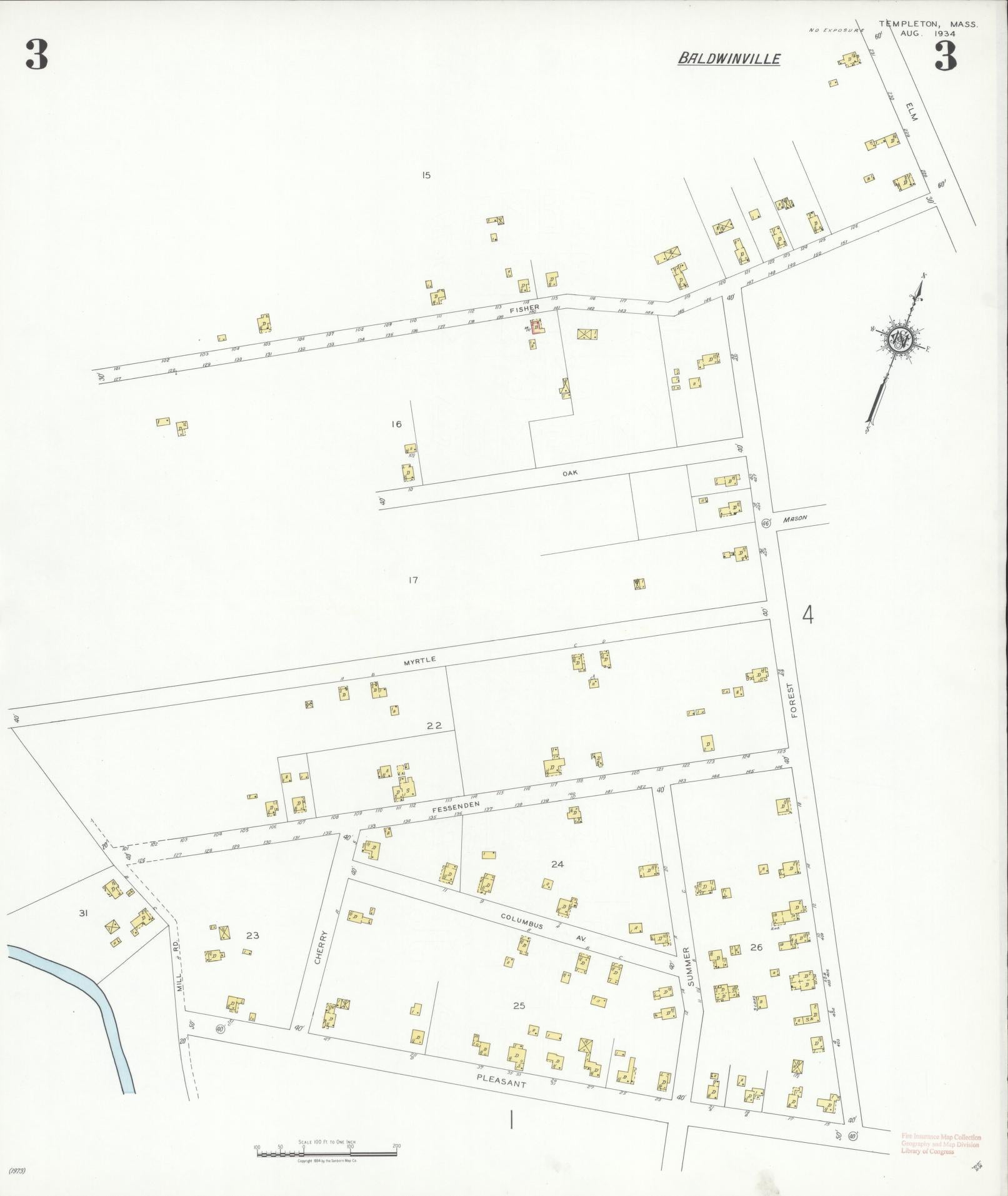 Sanborn Fire Insurance Map from Templeton, Worcester County, Massachusetts (1934), Sheet #0003 - Historic Sanborn Fire Insurance Map Print, vintage old map wall art, antique decor, genealogy gift, Massachusetts Massachusetts map