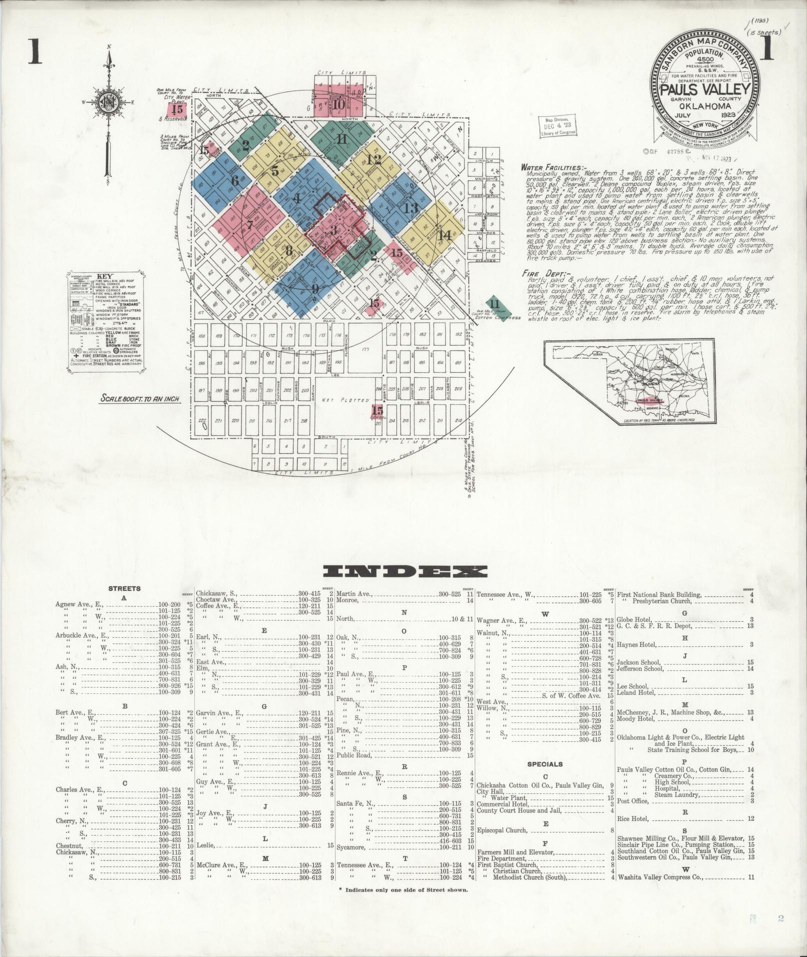 Sanborn Fire Insurance Map from Pauls Valley, Garvin County, Oklahoma (1923), Sheet #0001 - Historic Sanborn Fire Insurance Map Print, vintage old map wall art, antique decor, genealogy gift, Oklahoma Oklahoma map
