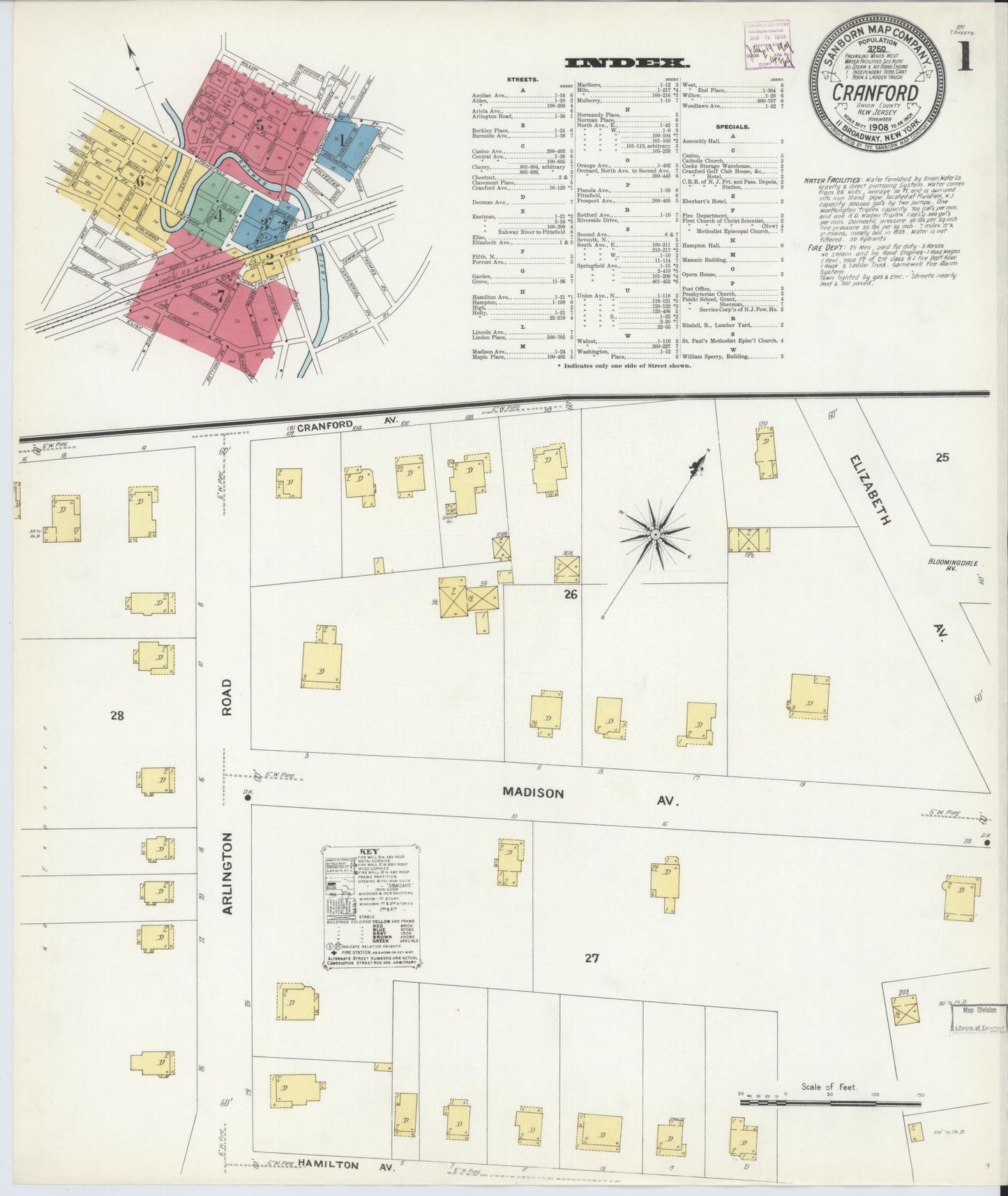 Sanborn Fire Insurance Map from Cranford, Union County, New Jersey (1908), Sheet #0001 - Historic Sanborn Fire Insurance Map Print, vintage old map wall art, antique decor, genealogy gift, New Jersey New Jersey map