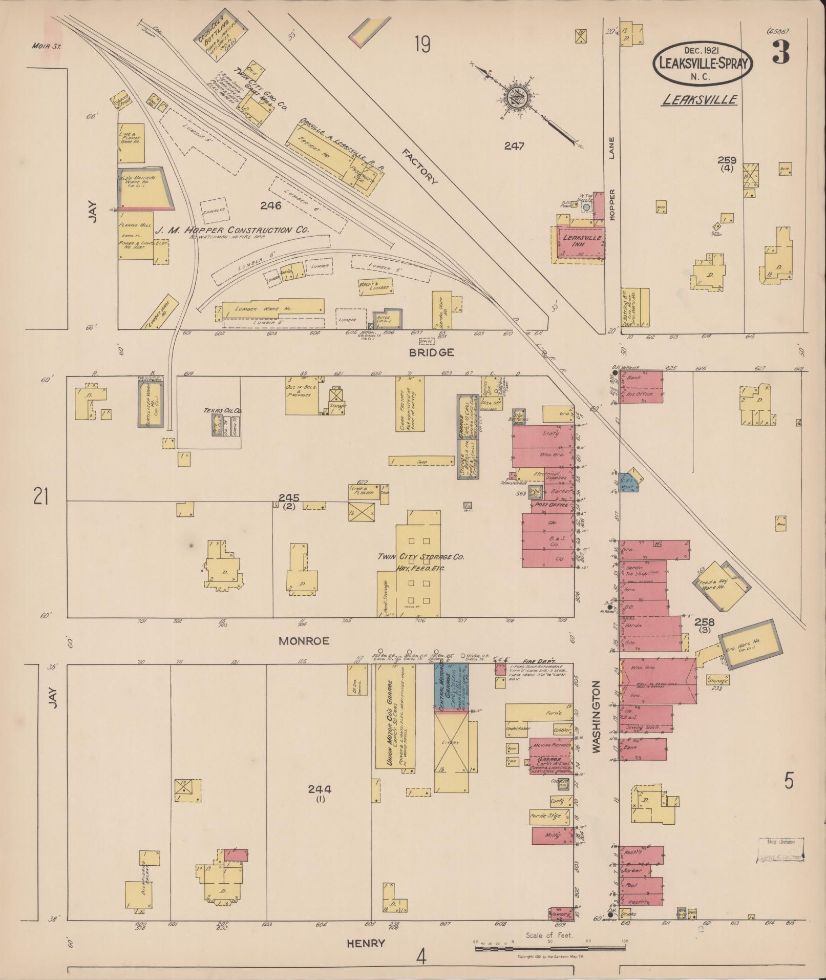 Sanborn Fire Insurance Map from Leaksville-spray, Rockingham County, North Carolina (1921), Sheet #0003 - Complete Map Set gallery image, historic Sanborn map, vintage wall art, North Carolina North Carolina