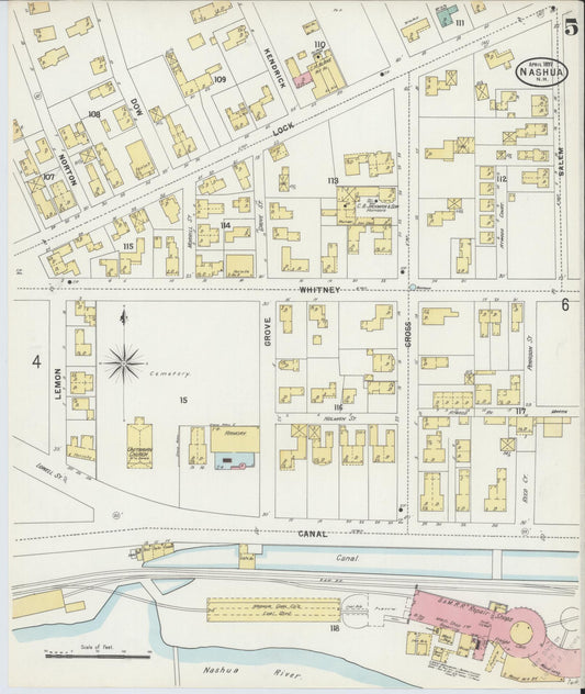 Sanborn Fire Insurance Map from Nashua, Hillsborough County, New Hampshire (1897), Sheet #0005 - Historic Sanborn Fire Insurance Map Print, vintage old map wall art, antique decor, genealogy gift, New Hampshire New Hampshire map